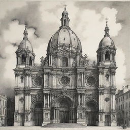 An expressive ink drawing of a Renaissance cathedral enhanced with spatial elements, highlighted by dramatic lines. The backdrop is a stylized Baroque scene.