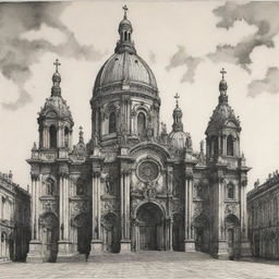 An expressive ink drawing of a Renaissance cathedral enhanced with spatial elements, highlighted by dramatic lines. The backdrop is a stylized Baroque scene.