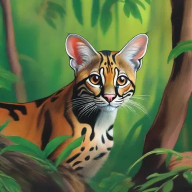 The artist painted a beautiful portrait of the margay prowling through the dense forest.