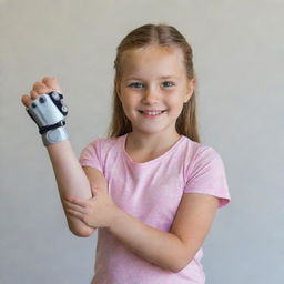 A strong and positive girl with a prosthetic arm, showcasing her resiliency and joy.