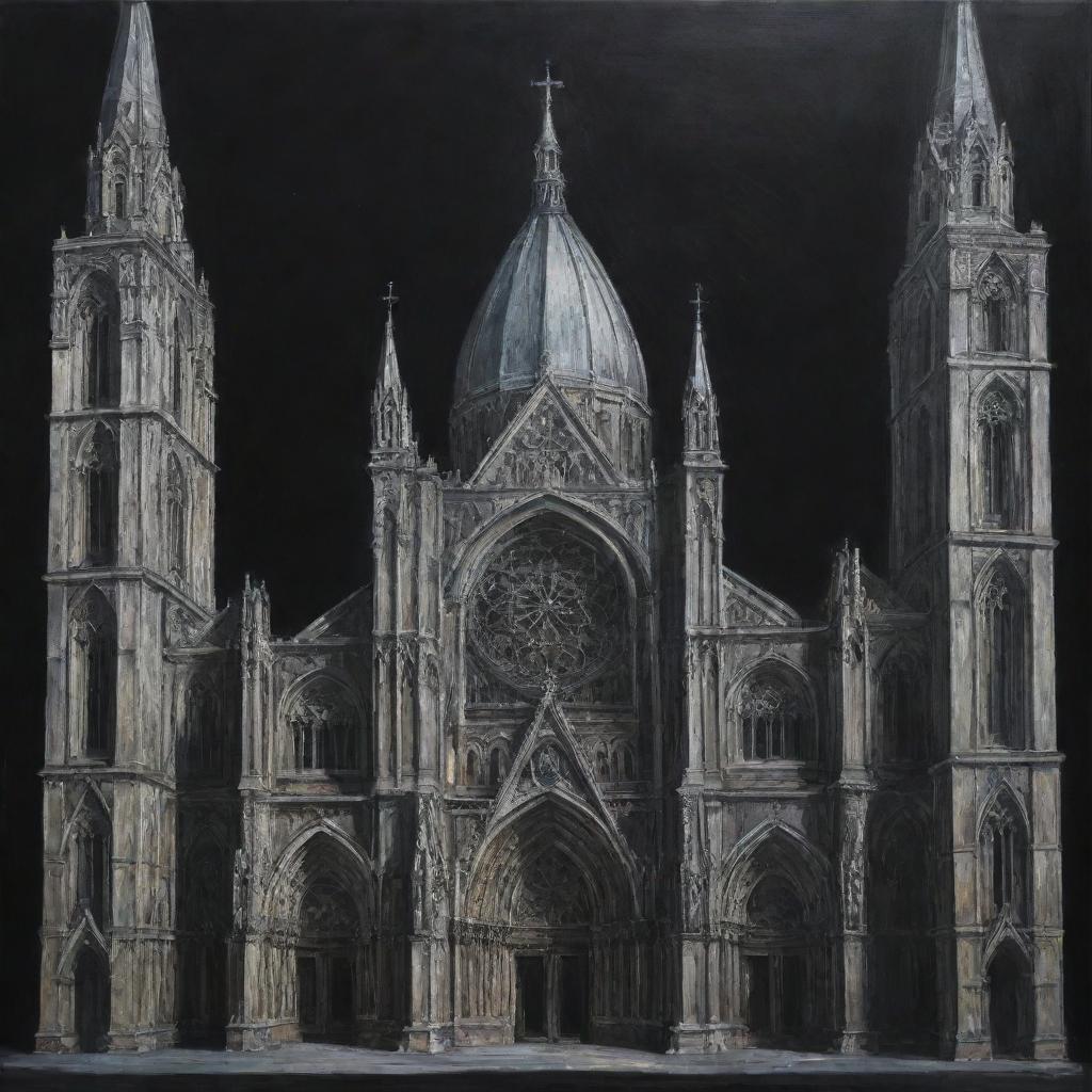 An industrial-style painting presenting a Renaissance cathedral adorned with spatial elements. The cathedral is characterized by dramatic, expressive lines set against a stark, black background.