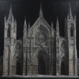 An industrial-style painting presenting a Renaissance cathedral adorned with spatial elements. The cathedral is characterized by dramatic, expressive lines set against a stark, black background.