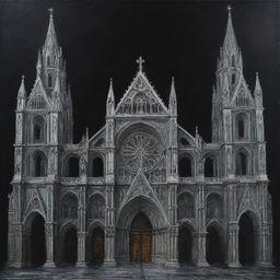 An industrial-style painting presenting a Renaissance cathedral adorned with spatial elements. The cathedral is characterized by dramatic, expressive lines set against a stark, black background.