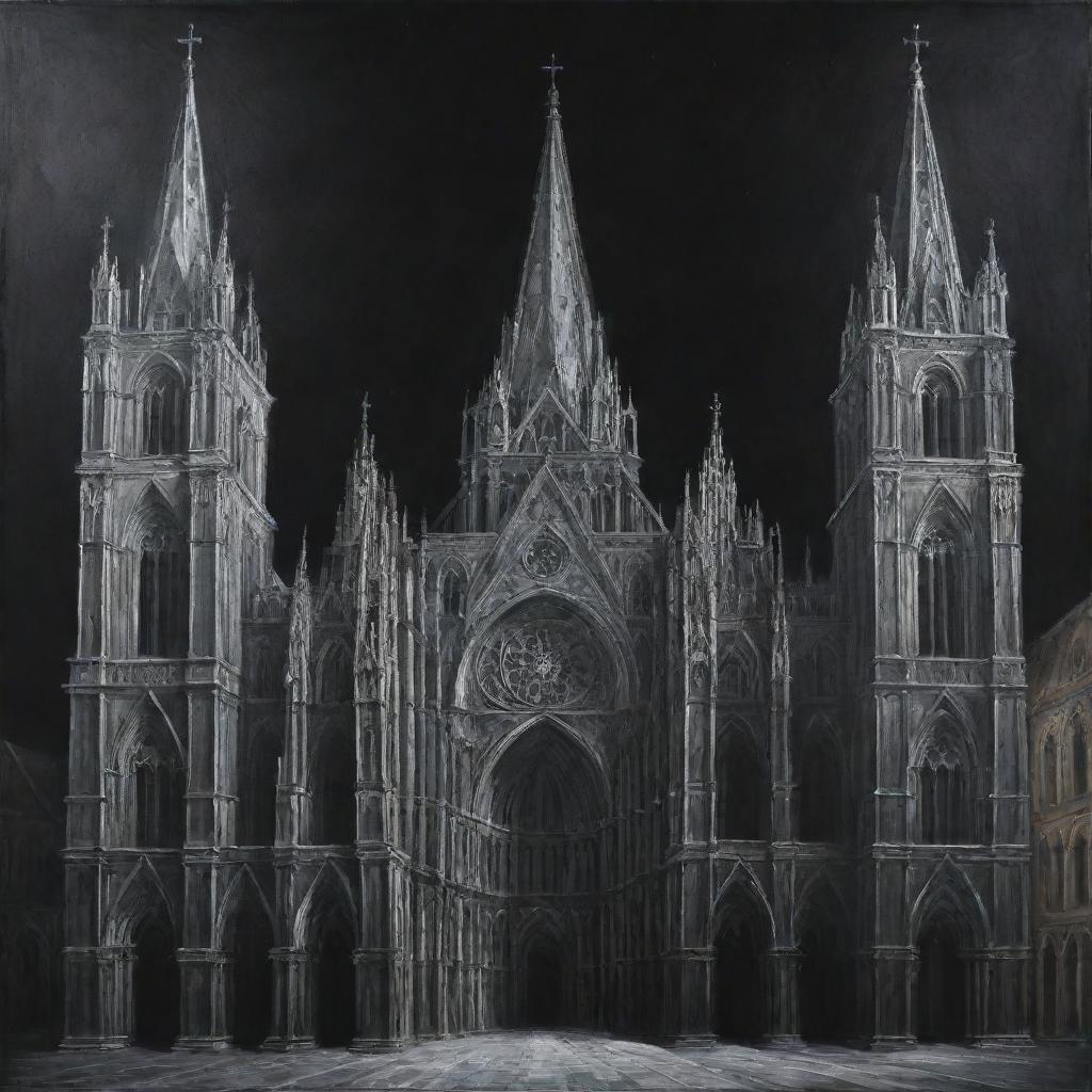 An industrial-style painting presenting a Renaissance cathedral adorned with spatial elements. The cathedral is characterized by dramatic, expressive lines set against a stark, black background.