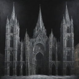 An industrial-style painting presenting a Renaissance cathedral adorned with spatial elements. The cathedral is characterized by dramatic, expressive lines set against a stark, black background.