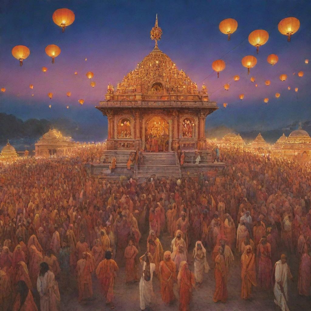 Celestial scene of Shree Ram ji arriving at the Ayodhya temple, surrounded by joyful devotees and decorative lanterns, under a twilight sky.