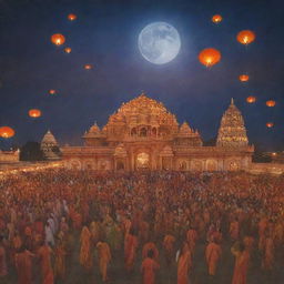 Celestial scene of Shree Ram ji arriving at the Ayodhya temple, surrounded by joyful devotees and decorative lanterns, under a twilight sky.