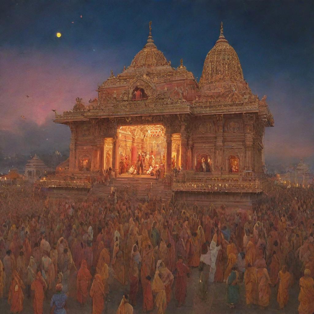 Celestial scene of Shree Ram ji arriving at the Ayodhya temple, surrounded by joyful devotees and decorative lanterns, under a twilight sky.