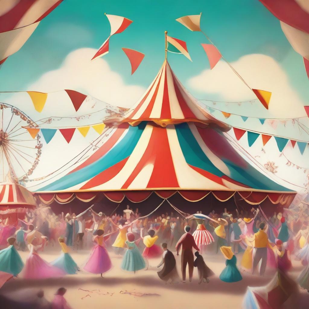 A vibrant and lively digital art image of a bustling circus scene