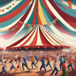 A vibrant and lively digital art image of a bustling circus scene