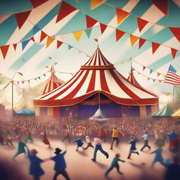 A vibrant and lively digital art image of a bustling circus scene