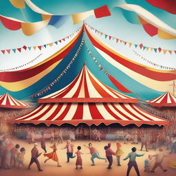 A vibrant and lively digital art image of a bustling circus scene