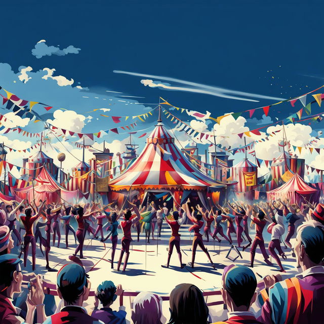 A high-quality digital art image of a lively and colourful circus scene, featuring a large tent, excited spectators, and performers in vibrant costumes