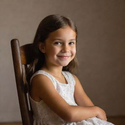 A young girl peacefully sitting in a vintage wooden chair, under soft lighting, with an enigmatic smile on her face.