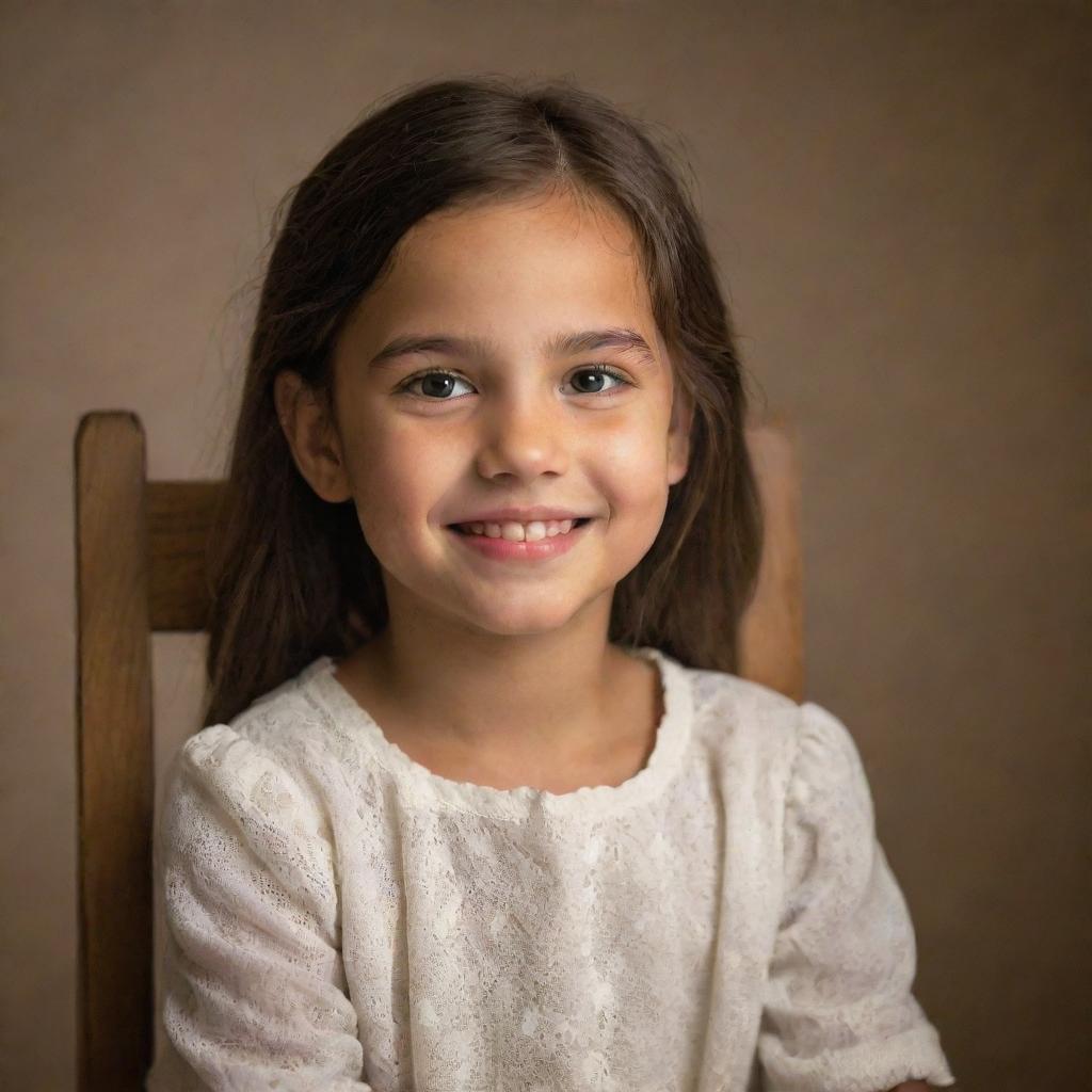 A young girl peacefully sitting in a vintage wooden chair, under soft lighting, with an enigmatic smile on her face.