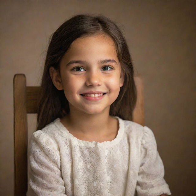 A young girl peacefully sitting in a vintage wooden chair, under soft lighting, with an enigmatic smile on her face.