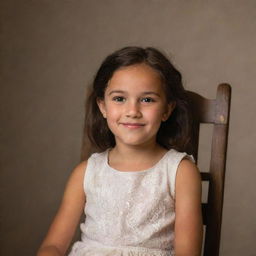 A young girl peacefully sitting in a vintage wooden chair, under soft lighting, with an enigmatic smile on her face.