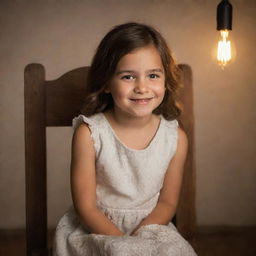 A young girl peacefully sitting in a vintage wooden chair, under soft lighting, with an enigmatic smile on her face.