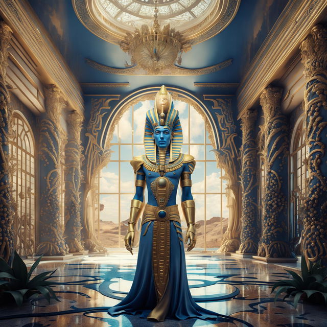 Hyper-realistic 3D photograph of a majestic alien Egyptian pharaoh in a Rococo-style great hall filled with vibrant flowers and overlooking a vast desert. High-definition close-up shot capturing minute details with a cinematic quality.