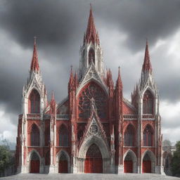 A detailed 3D design of a Gothic cathedral displayed in stark white and red against the backdrop of an oppressive, cloudy day.