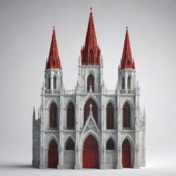 A detailed 3D design of a Gothic cathedral displayed in stark white and red against the backdrop of an oppressive, cloudy day.