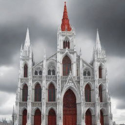 A detailed 3D design of a Gothic cathedral displayed in stark white and red against the backdrop of an oppressive, cloudy day.