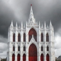 A detailed 3D design of a Gothic cathedral displayed in stark white and red against the backdrop of an oppressive, cloudy day.