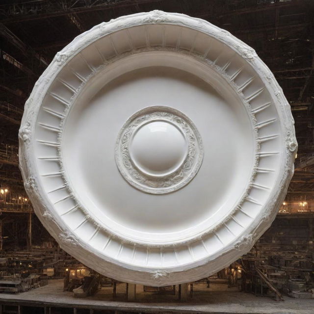 A colossal saucer reminiscent of the Titanic, showing spectacular details of construction and design.