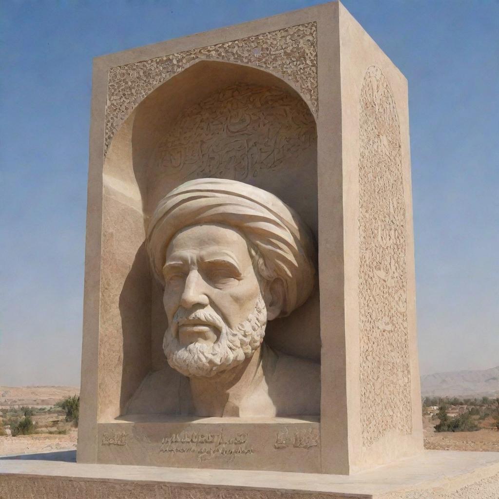 Design a monument celebrating the revered poet Mazloom Khonji. The monument is located in the culturally rich city of Khonj in the south Fars region of Iran. Feature traditional Iranian architectural elements.