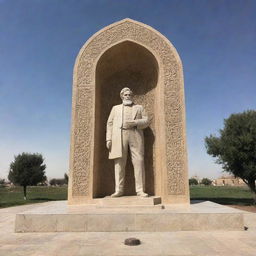 Design a monument celebrating the revered poet Mazloom Khonji. The monument is located in the culturally rich city of Khonj in the south Fars region of Iran. Feature traditional Iranian architectural elements.