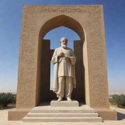 Design a monument celebrating the revered poet Mazloom Khonji. The monument is located in the culturally rich city of Khonj in the south Fars region of Iran. Feature traditional Iranian architectural elements.