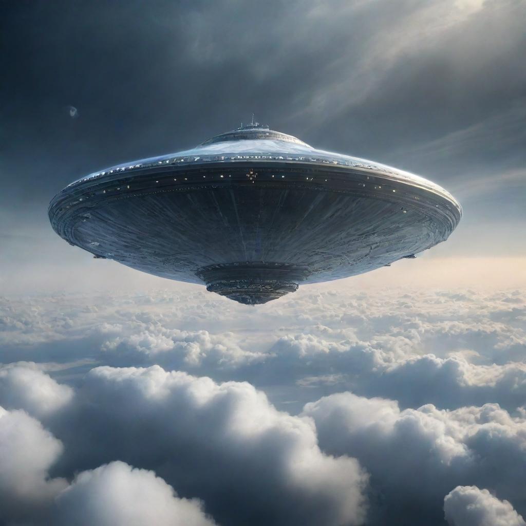 A saucer shaped like the Titanic rising from Earth, surrounded by clouds and atmosphere, with a stunning view of the planet below