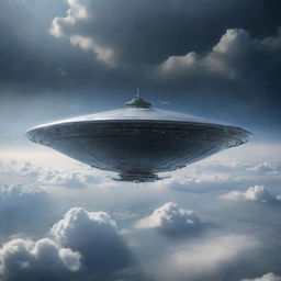 A saucer shaped like the Titanic rising from Earth, surrounded by clouds and atmosphere, with a stunning view of the planet below