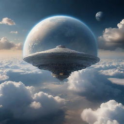 A saucer shaped like the Titanic rising from Earth, surrounded by clouds and atmosphere, with a stunning view of the planet below