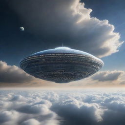 A saucer shaped like the Titanic rising from Earth, surrounded by clouds and atmosphere, with a stunning view of the planet below