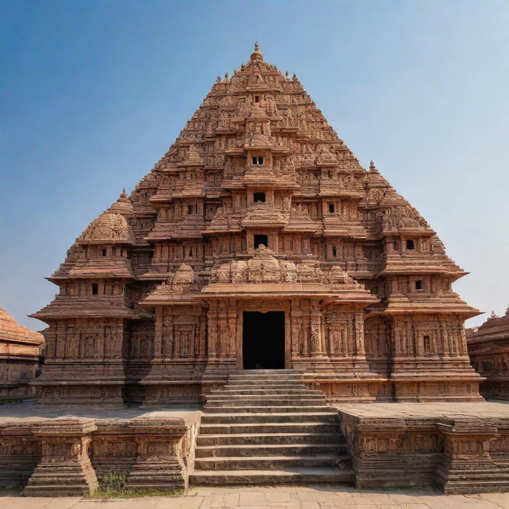 The Ram Mandir in Ayodhya, a majestic Hindu temple with ornate carvings, golden spires set against a clear blue sky with the sun illuminating it from behind