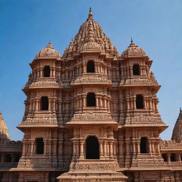 The Ram Mandir in Ayodhya, a majestic Hindu temple with ornate carvings, golden spires set against a clear blue sky with the sun illuminating it from behind