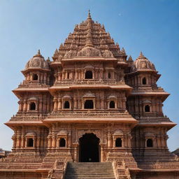 The Ram Mandir in Ayodhya, a majestic Hindu temple with ornate carvings, golden spires set against a clear blue sky with the sun illuminating it from behind