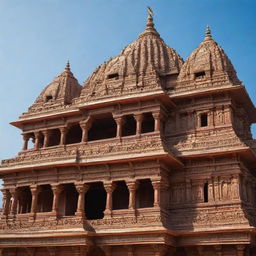 The Ram Mandir in Ayodhya, a majestic Hindu temple with ornate carvings, golden spires set against a clear blue sky with the sun illuminating it from behind