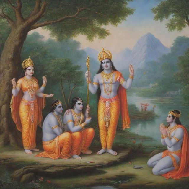 Shree Ram alongside Sita, Lakshaman, and Hanuman in a serene, spiritual setting