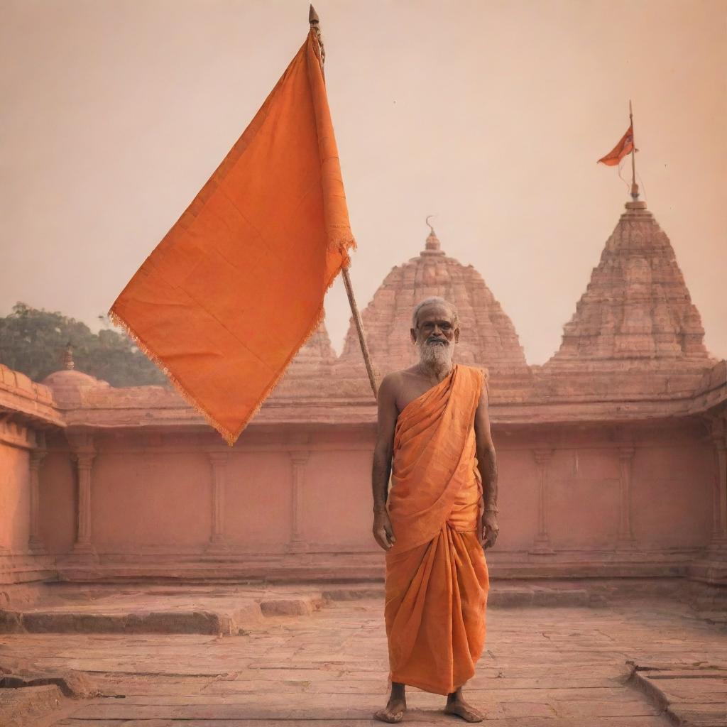 A man standing proudly with a flag depicting Shri Ram, the revered deity, with a magnificent Ram temple in the background bathed in a radiant orange hue.