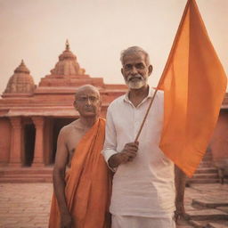 A man standing proudly with a flag depicting Shri Ram, the revered deity, with a magnificent Ram temple in the background bathed in a radiant orange hue.