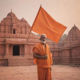 A man standing proudly with a flag depicting Shri Ram, the revered deity, with a magnificent Ram temple in the background bathed in a radiant orange hue.