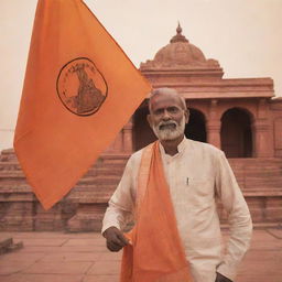 A man standing proudly with a flag depicting Shri Ram, the revered deity, with a magnificent Ram temple in the background bathed in a radiant orange hue.