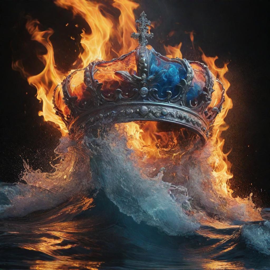 A powerful scene where elements of fire and water coexist, amidst which lays a majestic crown