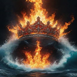 A powerful scene where elements of fire and water coexist, amidst which lays a majestic crown