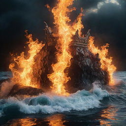 A powerful scene where elements of fire and water coexist, amidst which lays a majestic crown