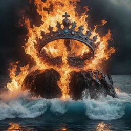 A powerful scene where elements of fire and water coexist, amidst which lays a majestic crown