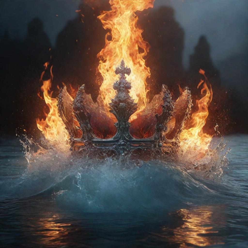 An animated scene featuring a majestic crown engulfed in the elements of fire and water with a mystical backdrop