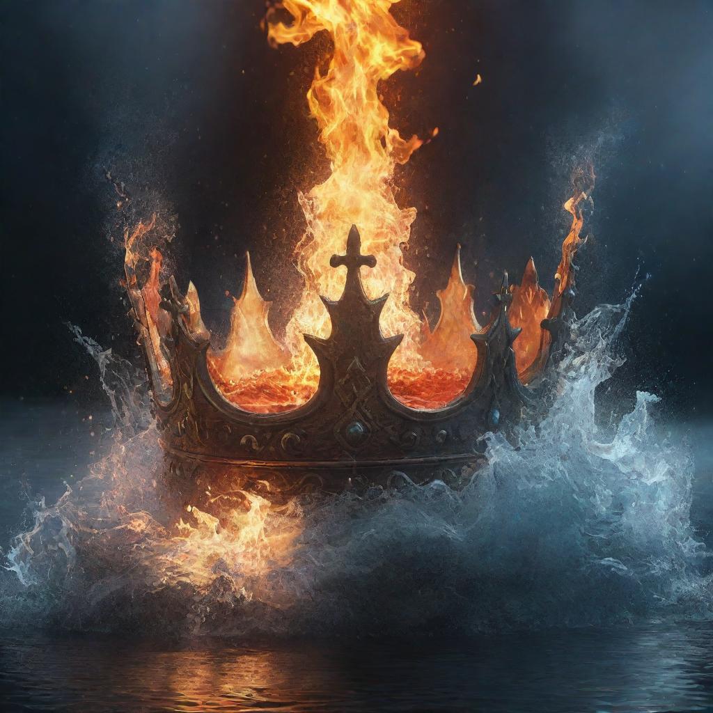 An animated scene featuring a majestic crown engulfed in the elements of fire and water with a mystical backdrop